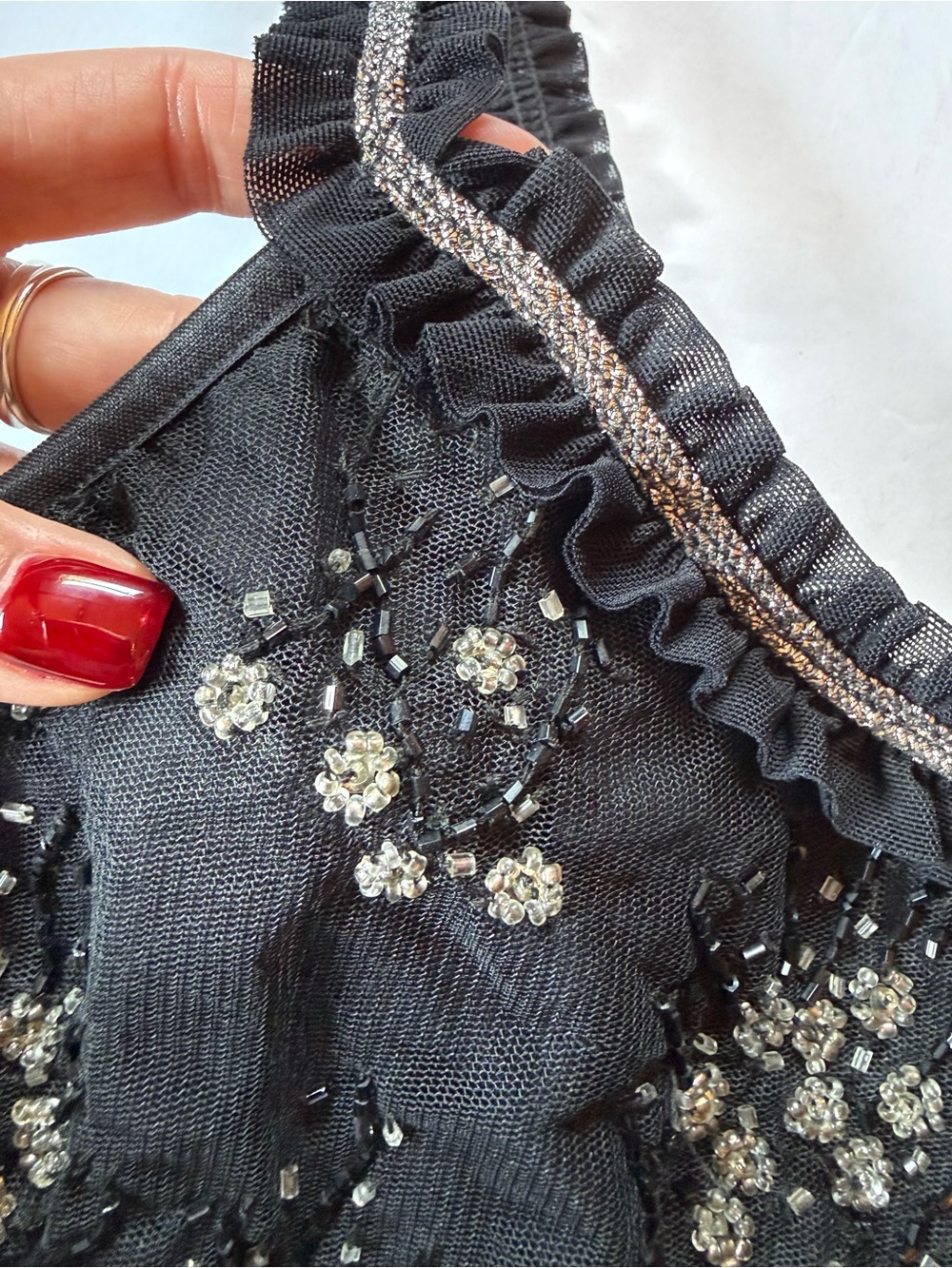 Vintage Y2K Flora Nikrooz Beaded Sheer Black Ruched Mesh Fairycore Top Size M - Picture 6 of 8